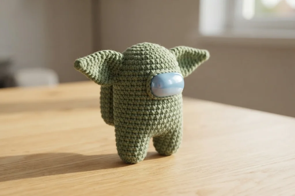 Crocheted green Baby Yoda Among Us crewmate with long pointed ears and a smooth light blue visor standing on a wooden table