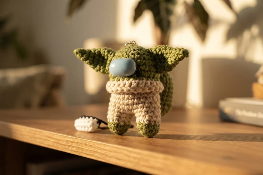 A green crochet Baby Yoda keychain toy dressed as an Among Us crewmate, standing on a wooden desk in warm sunlight.