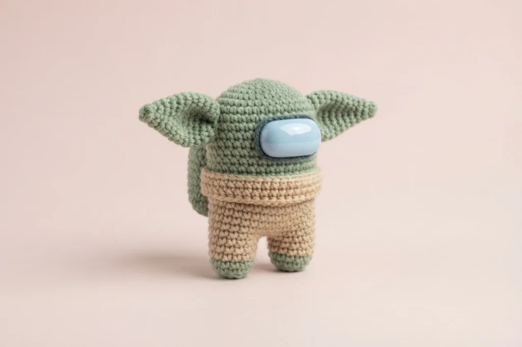 Small green crocheted Baby Yoda Among Us crewmate with pointed ears, a light blue visor and a beige body