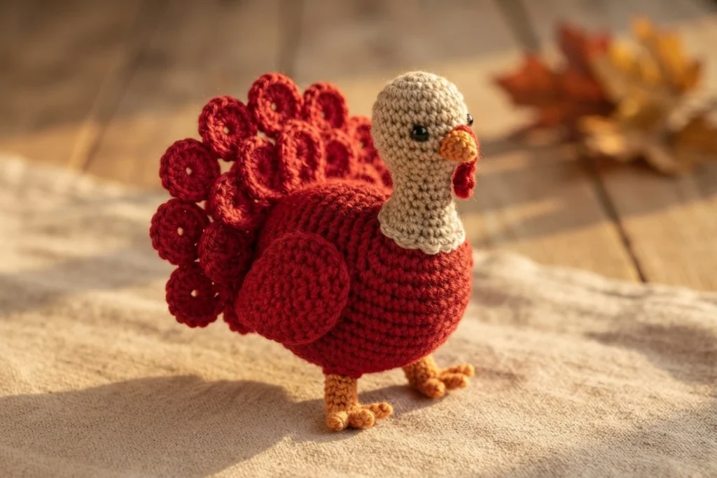Crocheted turkey amigurumi with a red body, cream head, orange beak and feet, and a fan of red looped feathers, standing on beige fabric with dried autumn leaves in the background.
