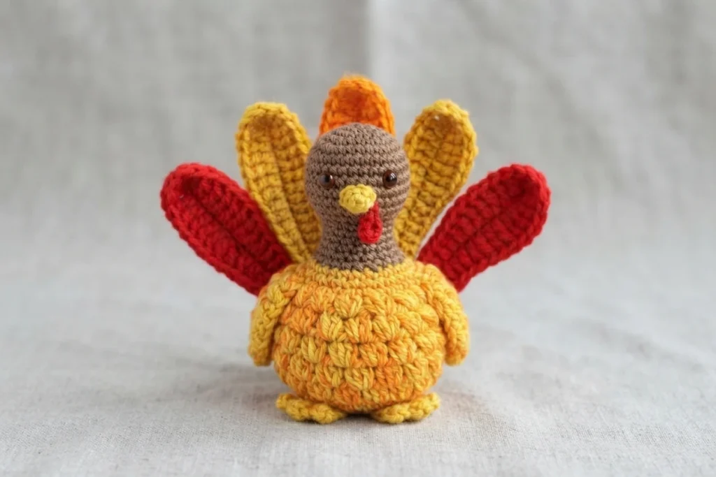 Crocheted amigurumi turkey with a brown head, small dark eyes, yellow beak and red wattle, a yellow and orange body, and five fanned feathers in red, yellow and orange, standing on light gray fabric.