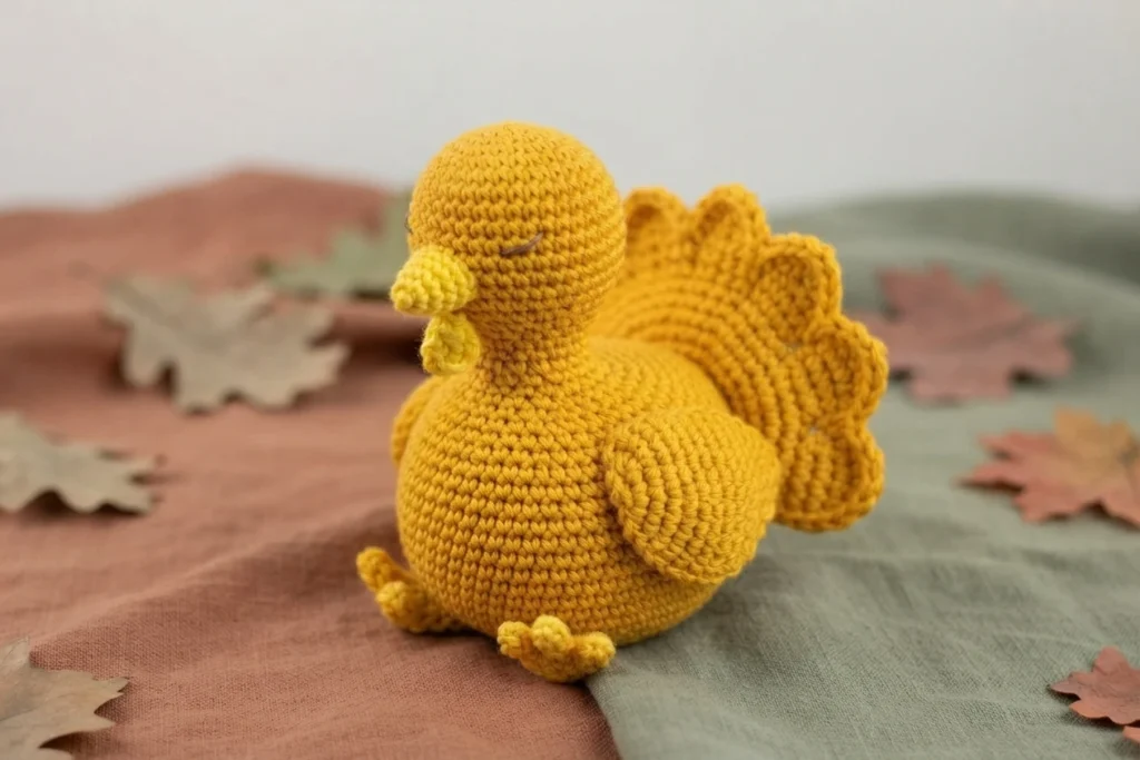 Crocheted amigurumi turkey in mustard yellow with a small yellow beak and wattle, a round body, a fan of scalloped tail feathers and small feet, sitting on draped pink and green fabric surrounded by felt leaves.