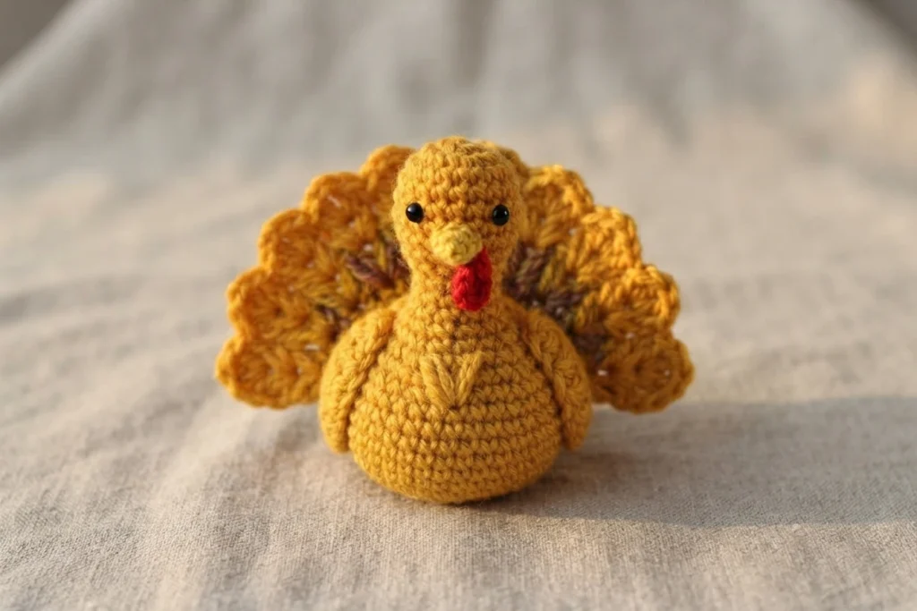 Small crocheted turkey amigurumi sitting on light grey fabric, with a rounded golden yellow body, black bead eyes, a yellow beak, a red wattle and a fan of textured tail feathers behind it.