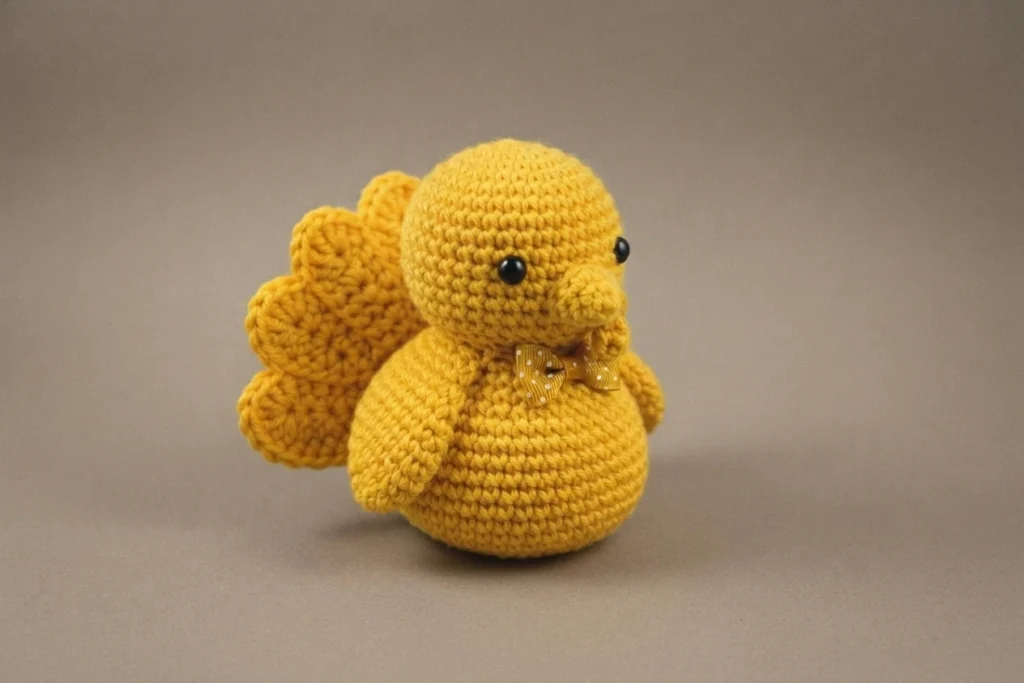 Yellow crocheted amigurumi bird with black bead eyes, a small protruding beak, side wings and a fan of rounded tail feathers, wearing a tiny gold bow, photographed on a plain gray background.