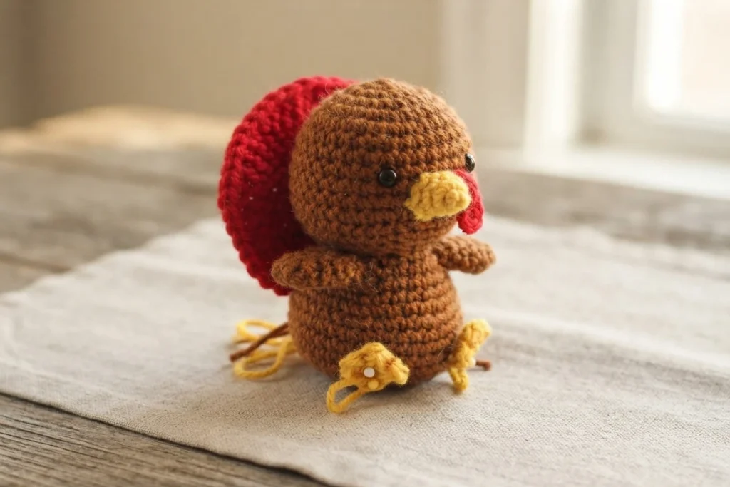 Crocheted brown amigurumi turkey with a red tail feather fan behind it, a yellow beak, a red wattle, two black safety eyes and yellow crocheted feet, sitting on a pale linen cloth on a wooden table.
