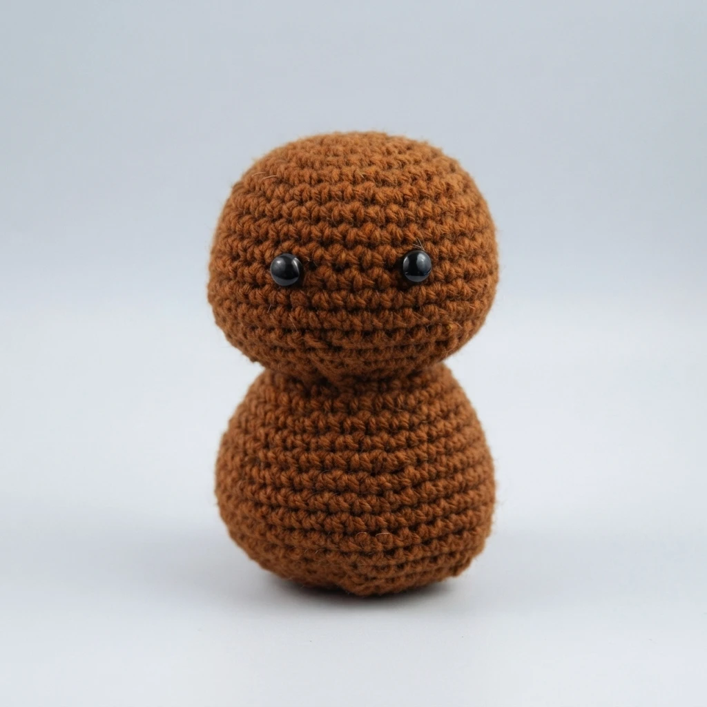 Crocheted brown amigurumi head and body joined as one piece, with two black safety eyes, photographed on a plain light gray background.