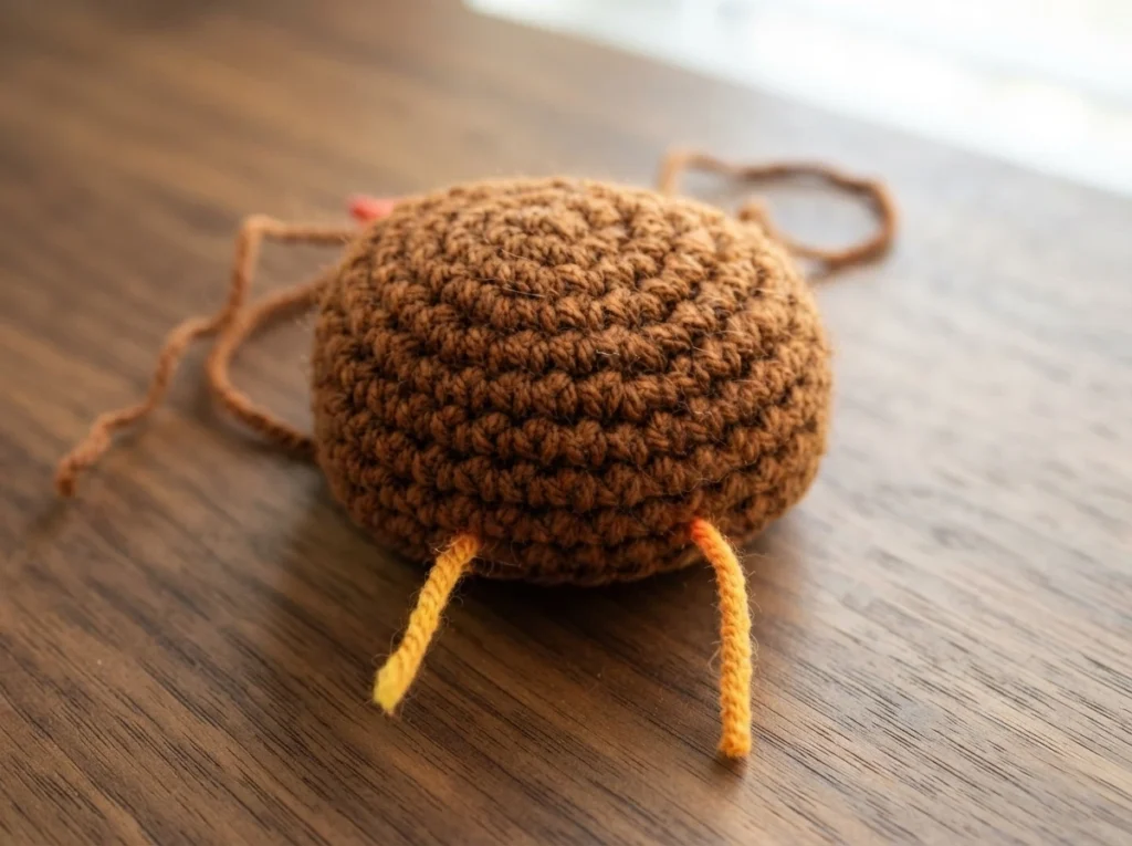 Crocheted brown amigurumi body in progress resting on a wooden surface, with loose brown yarn tails on the left and top, a small pink marker near the upper edge and two short orange yarn strands hanging below the piece.