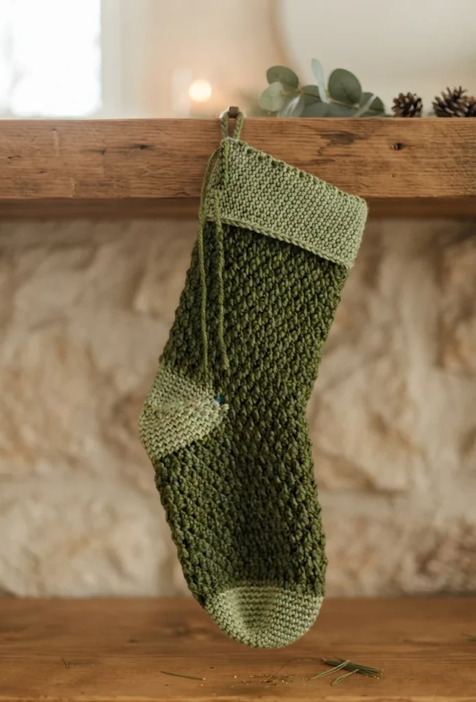 Green crocheted Christmas stocking with a light green cuff, heel, and toe, hanging from a wooden mantel above a stone fireplace.