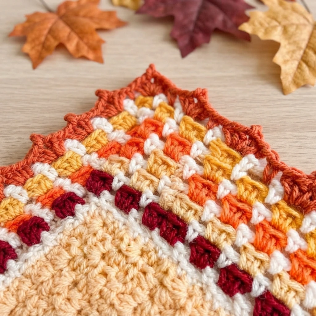 Close-up of a crocheted blanket corner showing a striped block stitch border in cream, yellow, orange, maroon and white, finished with a scalloped shell and picot edging, photographed on a light wood surface with artificial autumn leaves ne