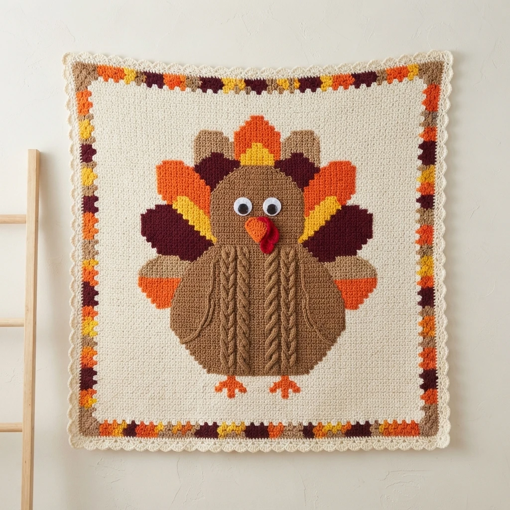 Square crochet turkey blanket with an off-white background, a brown turkey body with plastic googly eyes and a red wattle, and a fan of orange, yellow and maroon tail feathers, framed by a multicolored block border with a scalloped edge, sh