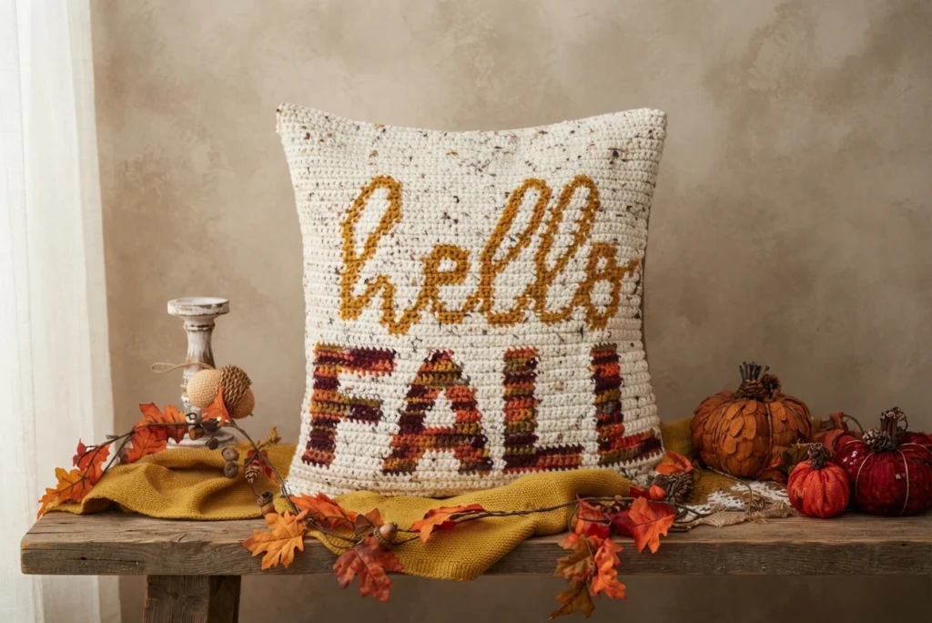 An ivory crochet pillow with gold “hello” lettering and multicolored “FALL” lettering, staged with autumn leaves, pumpkins and a mustard cloth.