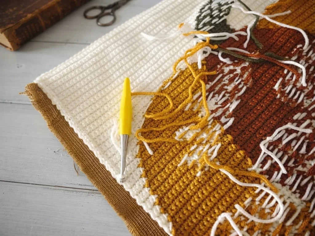 Un panneau crocheté écru et multicolore repose sur de la toile de jute, avec des fils lâches et un crochet jaune posé dessus.
