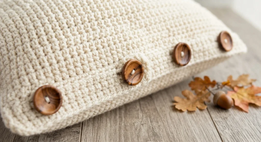 Close-up of a cream crochet pillow edge fastened with wooden buttons, beside autumn leaves on a wooden surface.