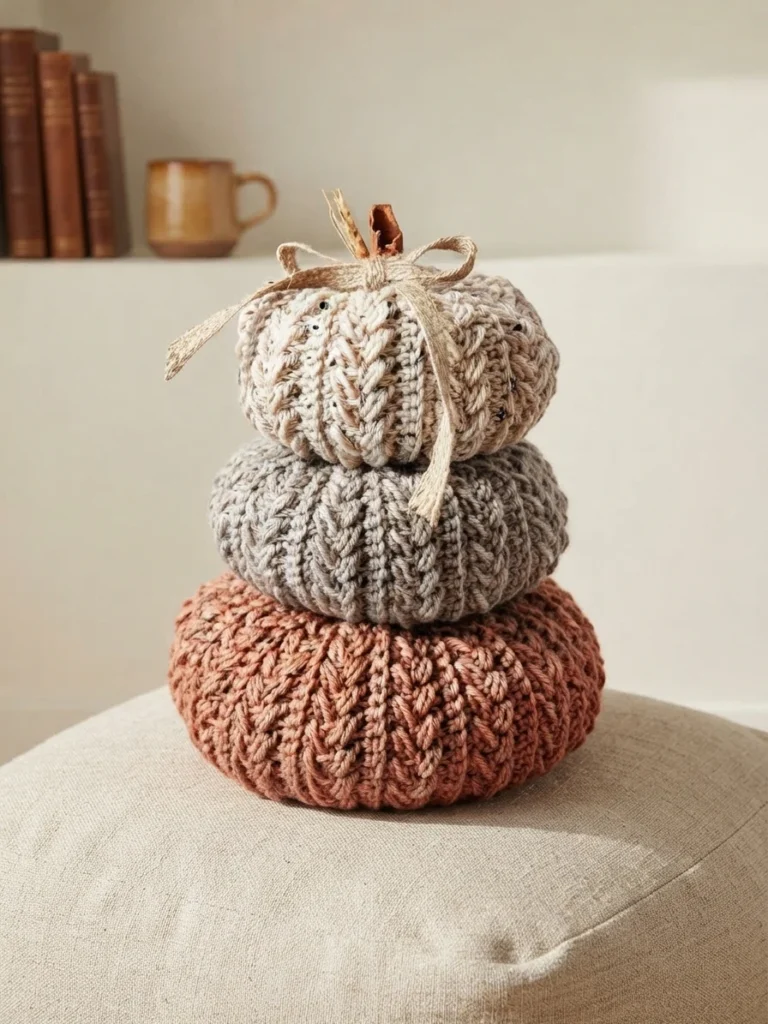 Three textured crochet pumpkins in cream, gray, and coral stacked on a light upholstered surface, with a ribbon and stems on the top pumpkin.