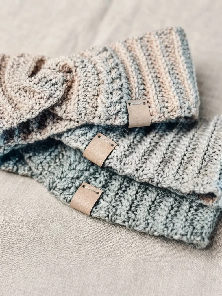 Several textured crochet ear warmers in pale beige and gray-blue yarn, stacked on a neutral fabric surface with small leather labels.