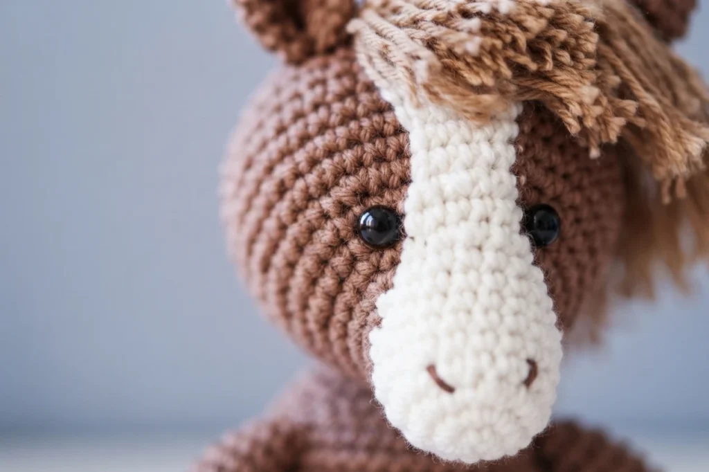 Close-up of a brown crocheted amigurumi horse head with a white blaze down its face, black safety eyes and a fringe yarn mane