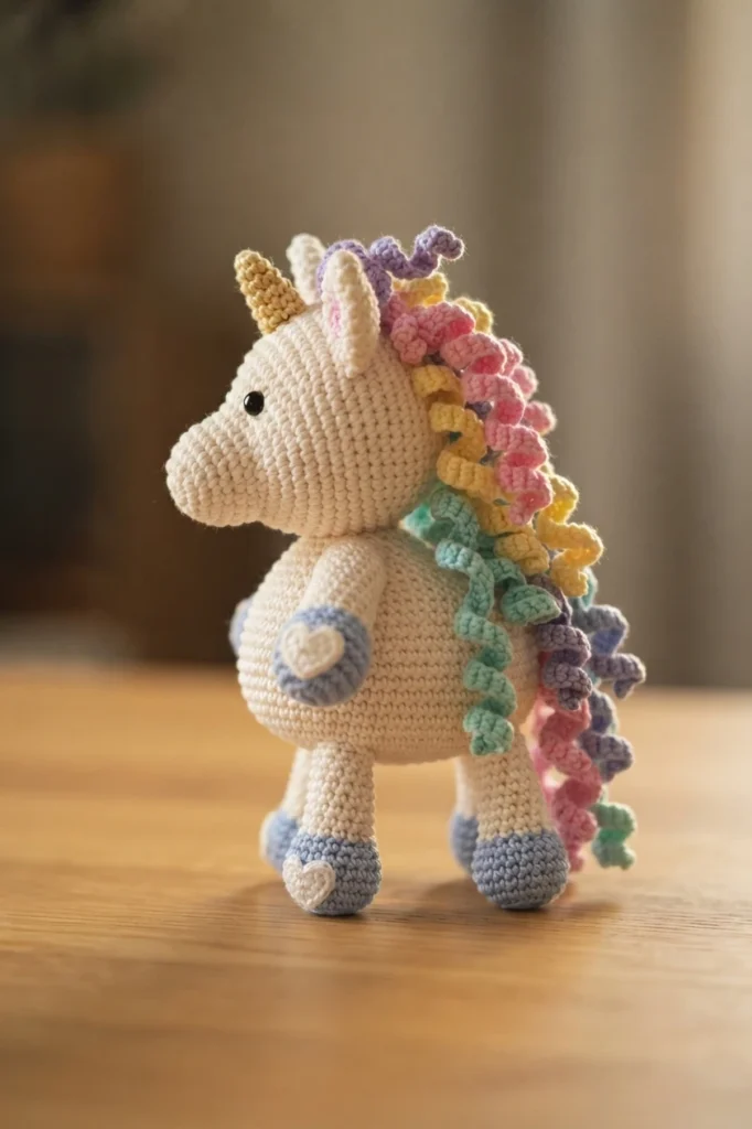 Small crocheted white unicorn standing in profile with curly rainbow mane, gold horn and blue hooves with white heart details on a wooden table