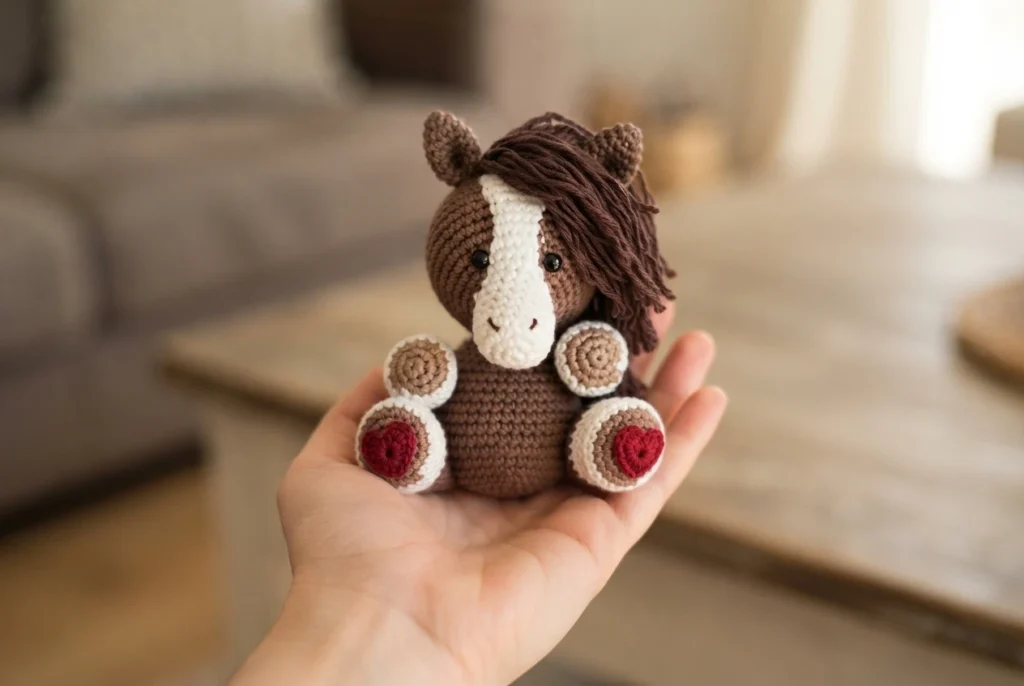 Hand holding a brown crochet horse with a white stripe on its face, dark brown mane and red heart details on its hooves