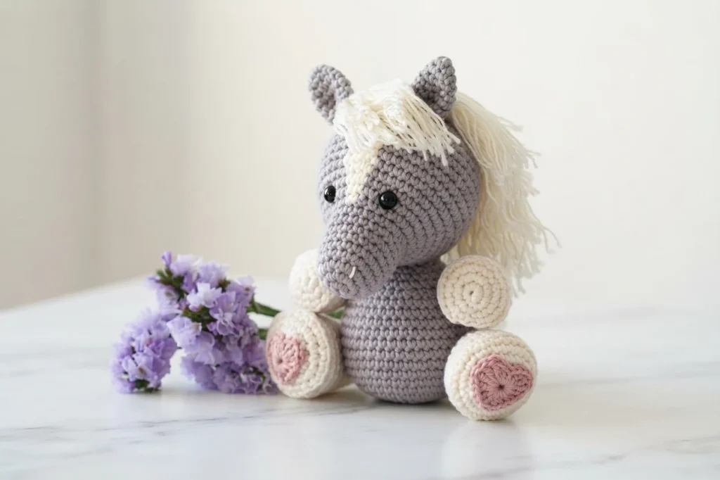 Crochet amigurumi horse in grey yarn with white mane and pink-accented hooves, seated beside purple flowers.