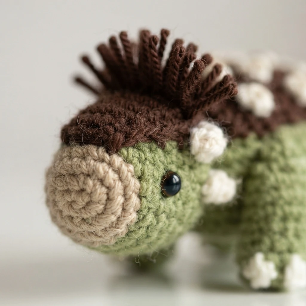 Close-up of a crochet amigurumi dinosaur with a green body, brown spiky shell plates, a beige snout, one black safety eye visible and small white claws