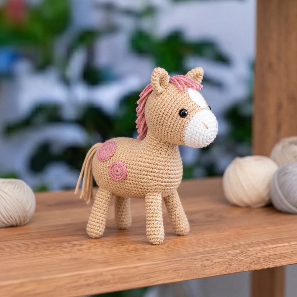 A beige crochet amigurumi horse with a pink mane, white muzzle and pink circles on its body, standing on a wooden table beside balls of yarn.