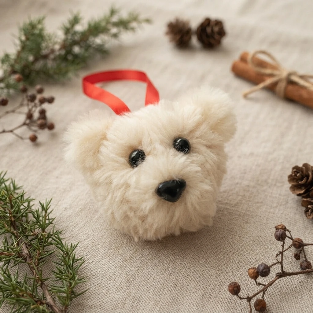 A fluffy white bear ornament with a red hanging ribbon sits on a neutral surface among pinecones and greenery.