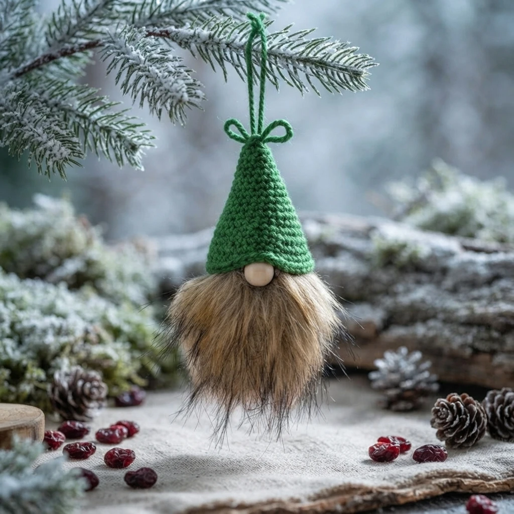 A crocheted gnome ornament with a green hat and fluffy brown beard hangs from a frosty evergreen branch.