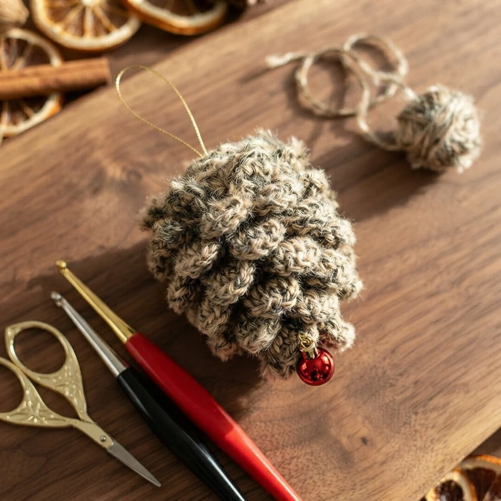 A brown textured crocheted pinecone ornament with a red bauble and hanging loop, beside crochet hooks and scissors on a wooden surface.