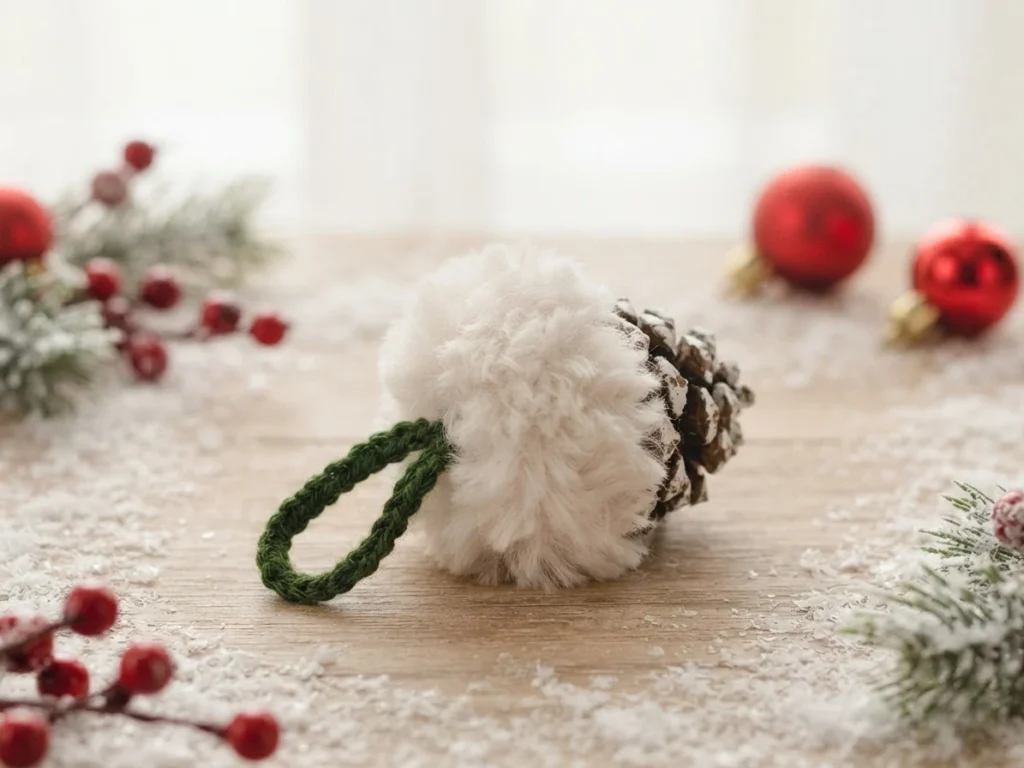 Pomme de pin ornée d’un capuchon de fausse fourrure blanche et d’une boucle verte, posée sur une table en bois avec des décorations de Noël floues en arrière-plan.
