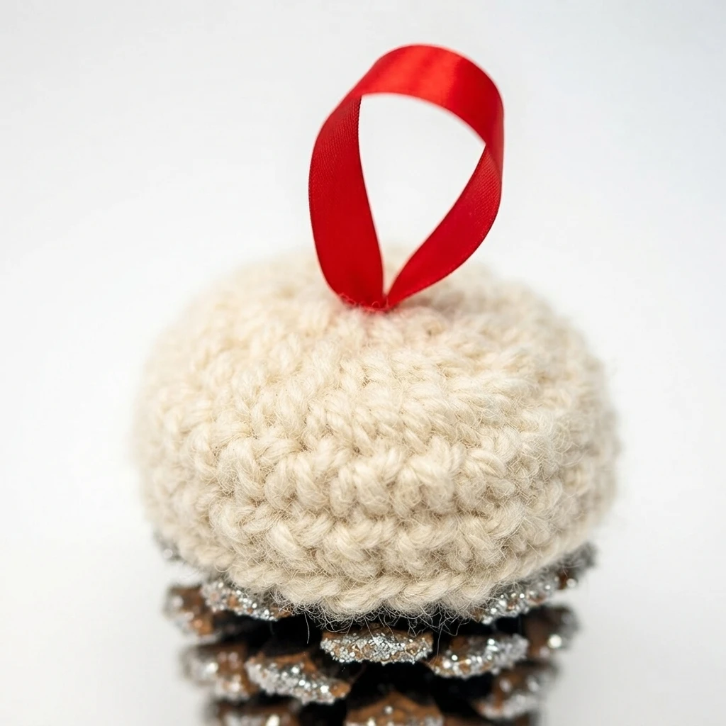 A glittered pinecone ornament topped with a cream crocheted cap and a red ribbon hanger.