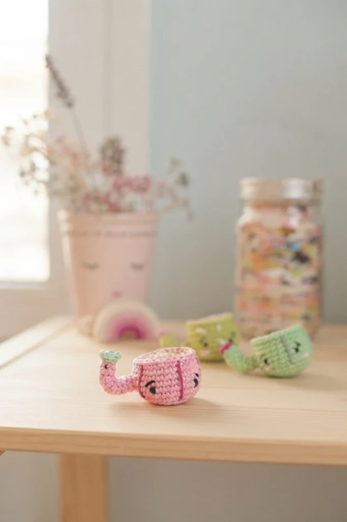 Three small crocheted cactus mugs with smiling faces, one pink in front and two green behind, on a light wooden table with a pink plant pot and a glass jar in the background