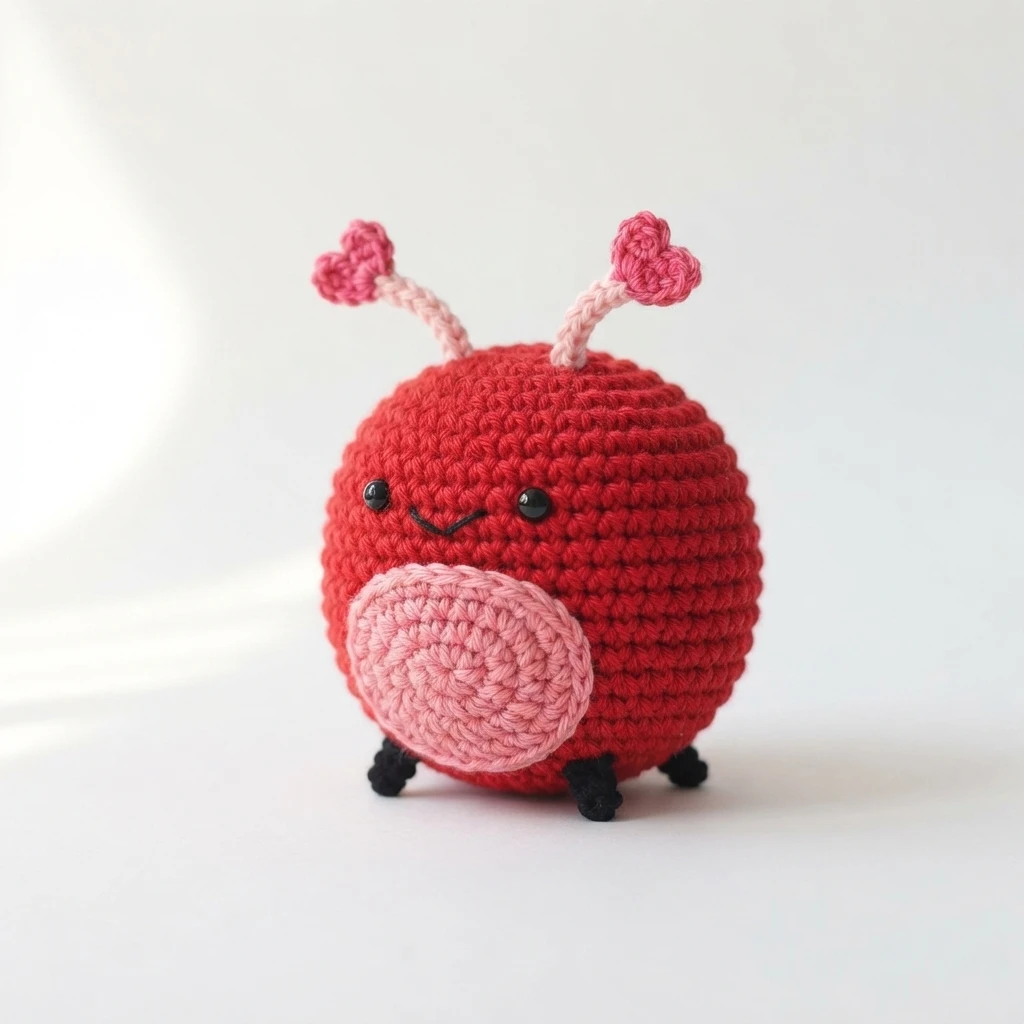 A round red crocheted love bug with a pale pink oval belly patch, heart-tipped antennae, black safety eyes and small black legs, photographed on a white background.