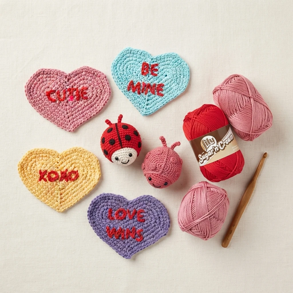 Four crocheted conversation hearts with embroidered phrases, two heart-shaped love bug toys, yarn skeins and a crochet hook arranged on a light surface