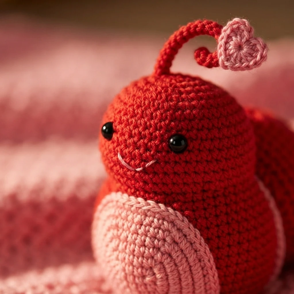 Red crocheted amigurumi love bug with a small pink heart on its curled antenna
