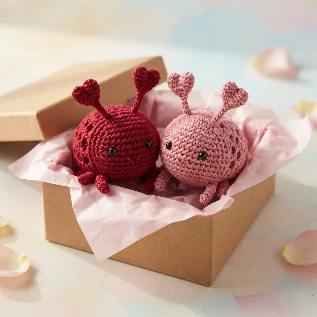 Two crocheted round love bugs, one dark red and one light pink, with heart-shaped antenna tips, sitting together in a kraft gift box lined with pink tissue paper.