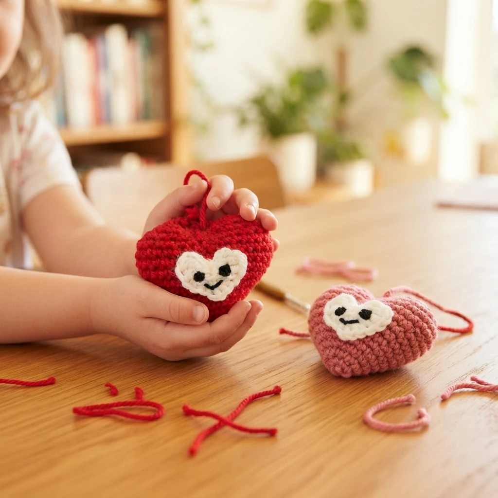 Child holding a red crocheted heart with a smiling white heart face, with a pink crocheted heart resting on a wooden table