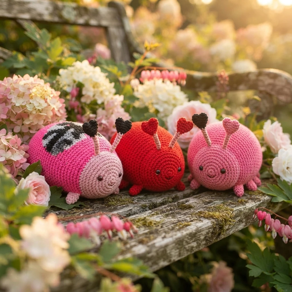 Three crocheted ladybug-style love bugs in pink, red and light pink with heart-tipped antennae sitting on a weathered wooden bench among pink and white flowers