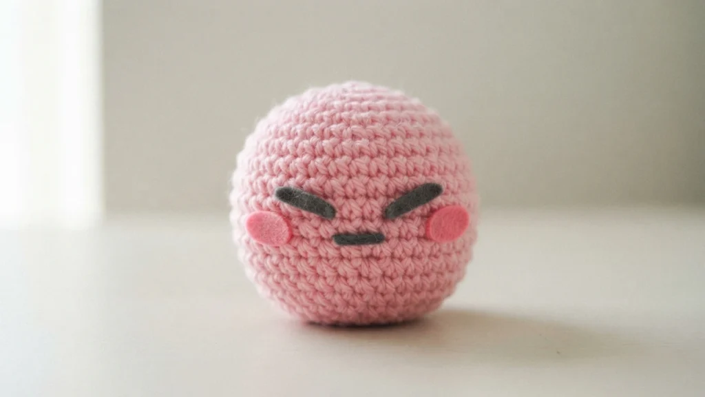 A round pink crochet hacky sack with angled dark grey closed eyes, a small dark mouth and pink felt cheeks resting on a white surface.