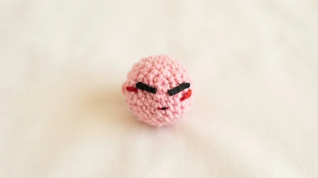 Crocheted pink Kirby hacky sack ball with felt eyes and cheeks resting on a light background.