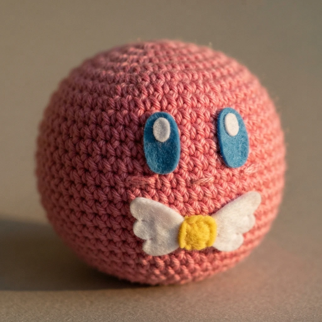 Close-up of a pink crochet Kirby hacky sack with blue felt eyes and white felt wings with a yellow crochet center.