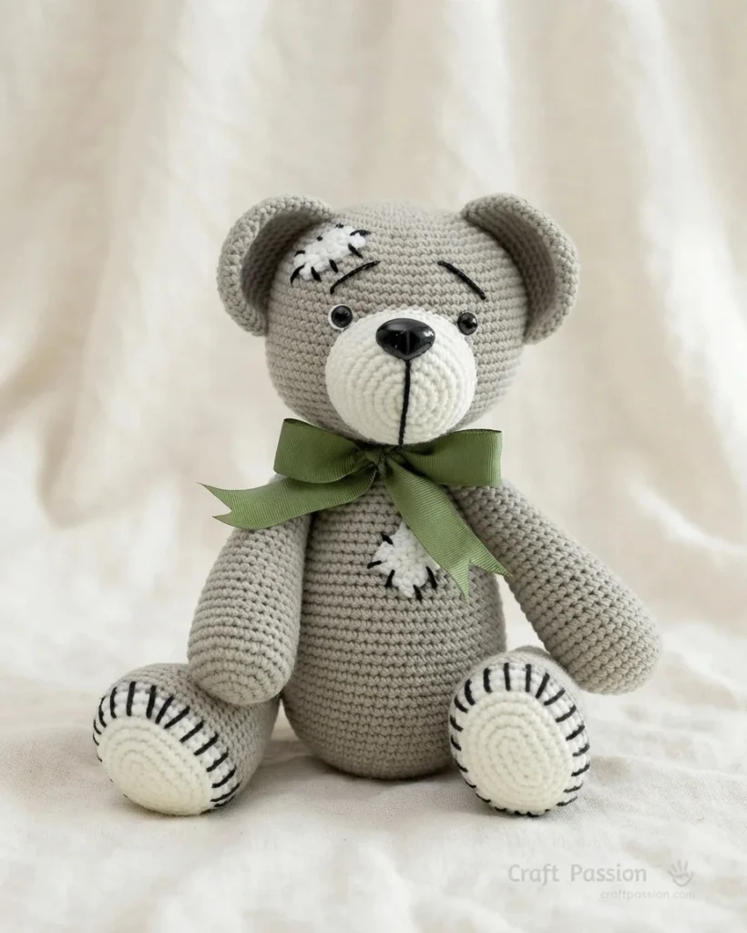 A finished grey crochet teddy bear with a white muzzle and paw pads, black stitched patch details, and a green ribbon bow, sitting on soft light fabric.