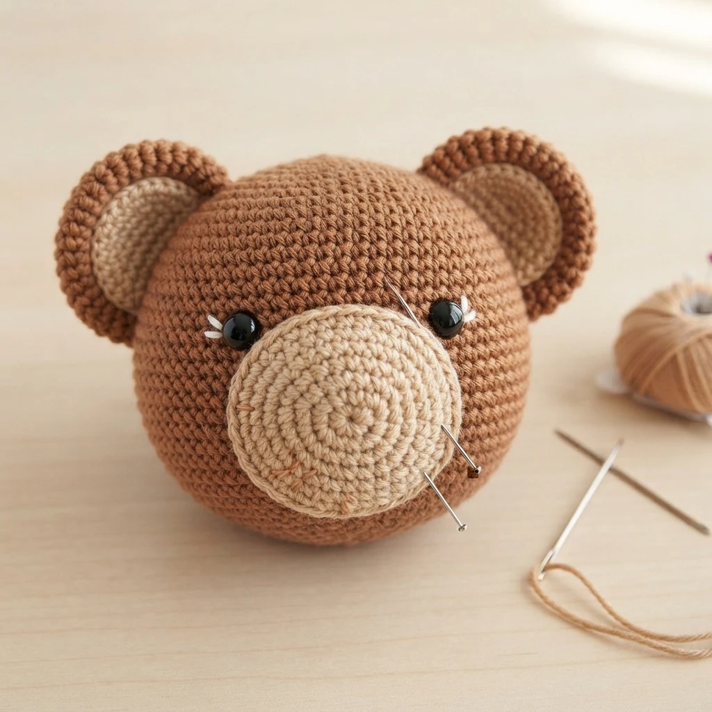 Crocheted brown teddy bear head with a beige snout pinned in place, black safety eyes, pins and tapestry needles on a light wooden table.