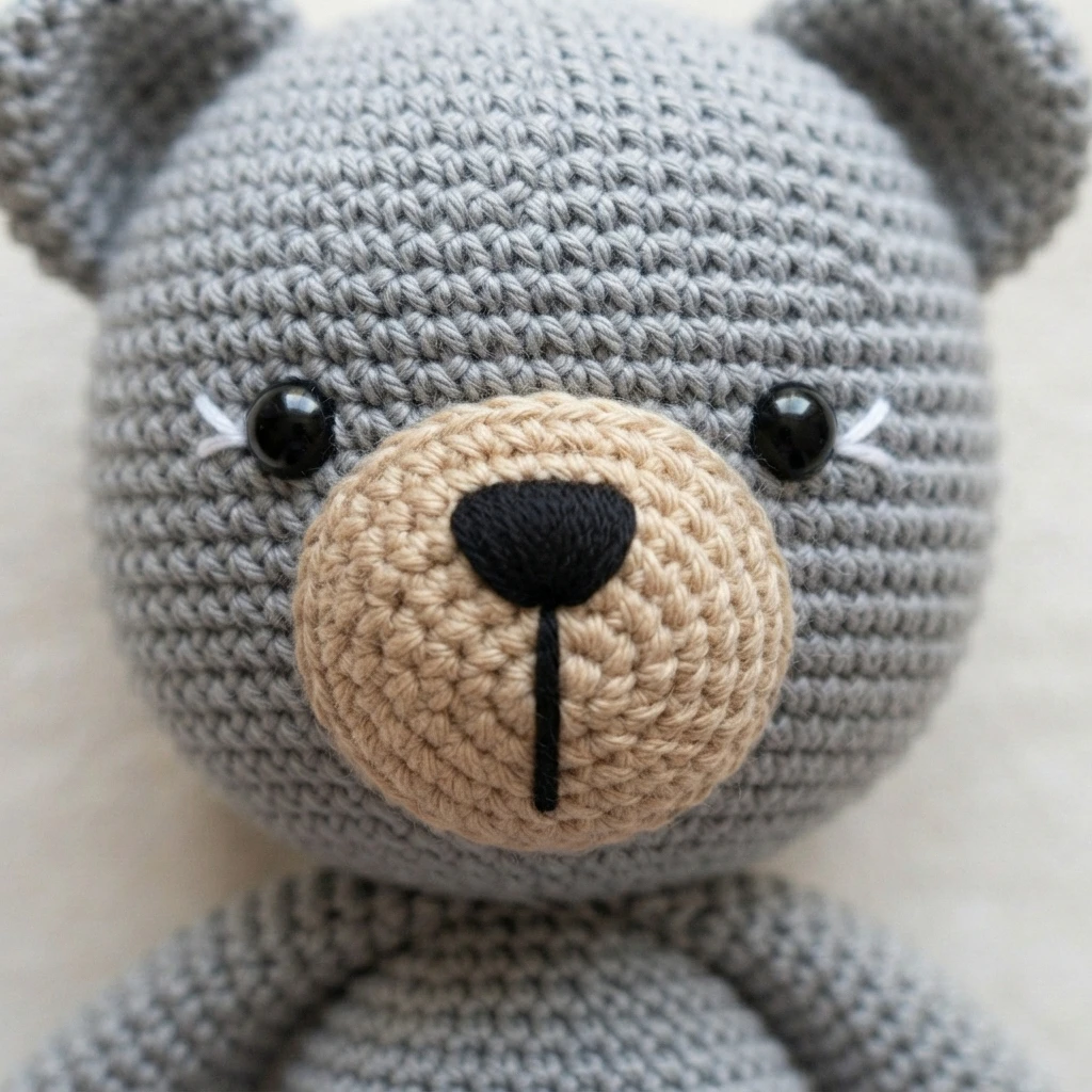 Close-up of a grey crocheted teddy bear face with a tan snout, black safety eyes and an embroidered nose and mouth line.