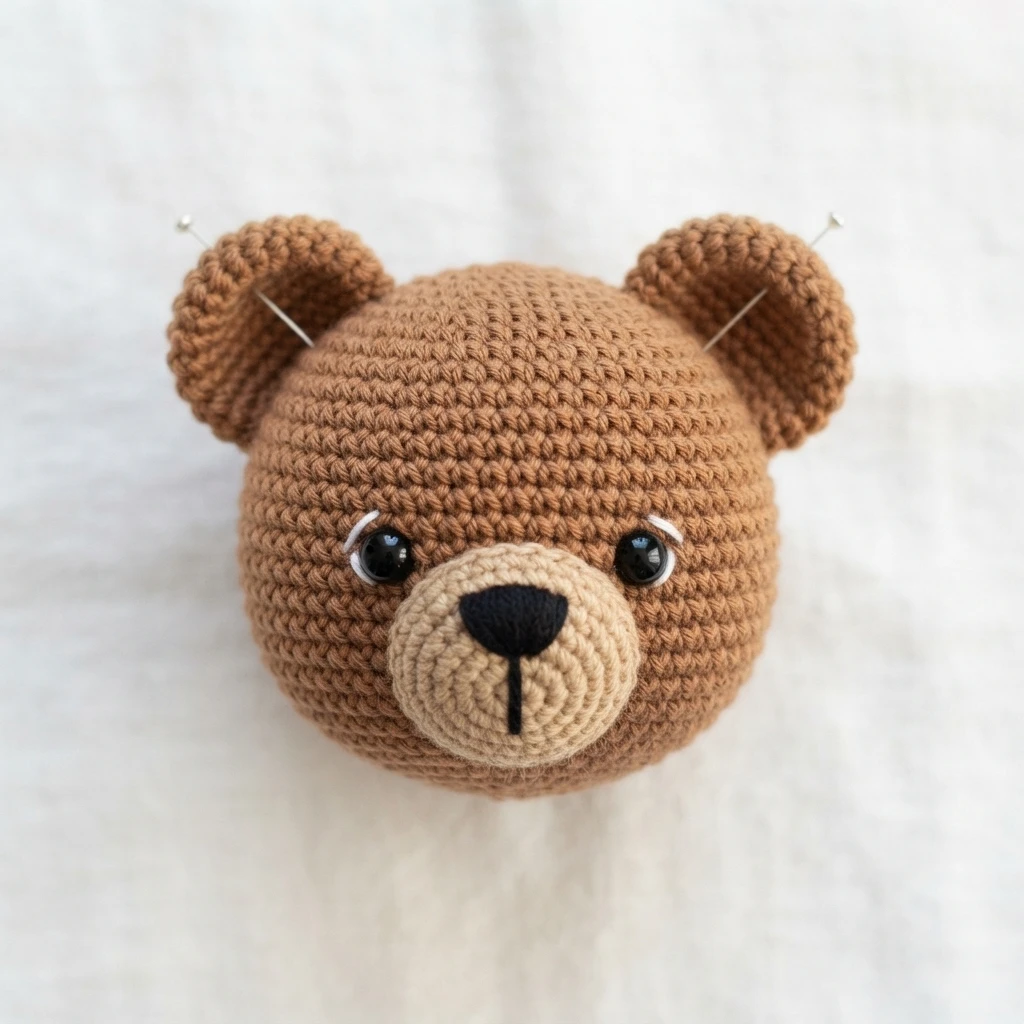 Crocheted teddy bear head with ears pinned in place, black safety eyes and embroidered nose on a tan snout.