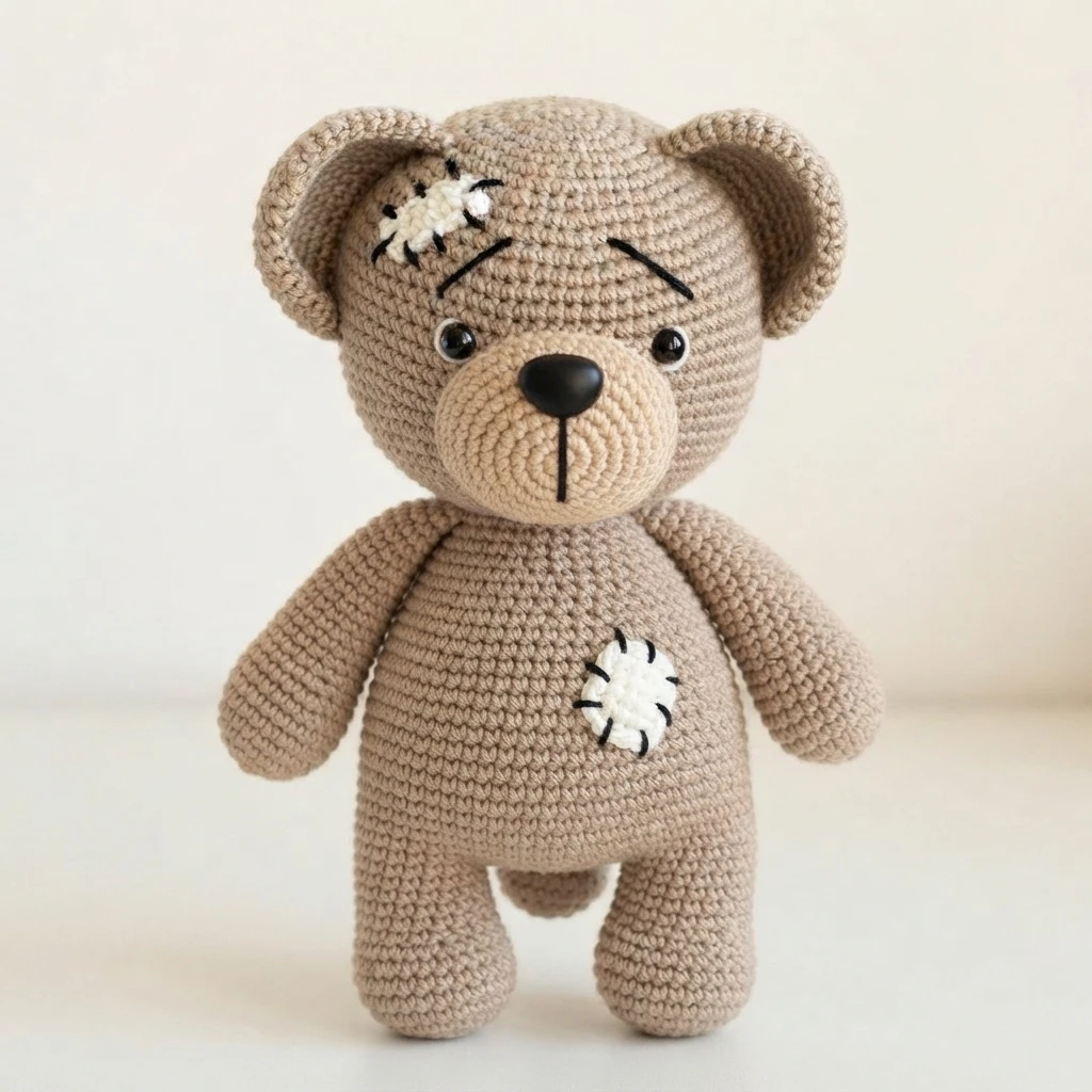 Crocheted teddy bear with white stitched mending patches on its forehead and tummy, standing against a plain background