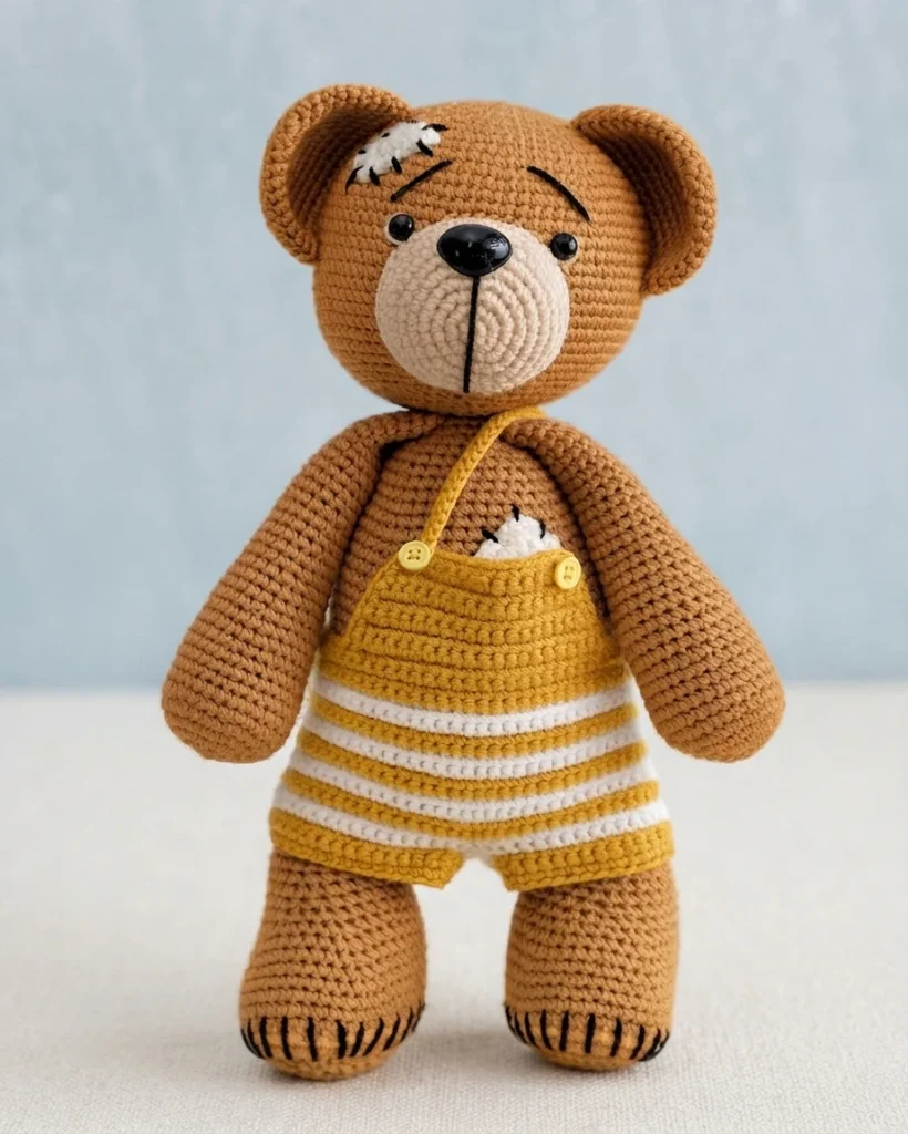 Crochet teddy bear wearing yellow and white striped overalls with yellow buttons, standing against a light background.