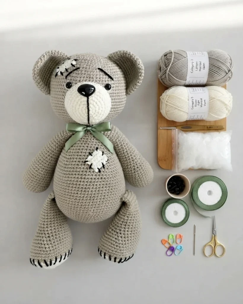 Finished grey crochet teddy bear with white snout, black nose and a green bow, lying beside yarn skeins, a crochet hook, a bag of stuffing, safety eyes, ribbon rolls, scissors, stitch markers and a tapestry needle on a light surface