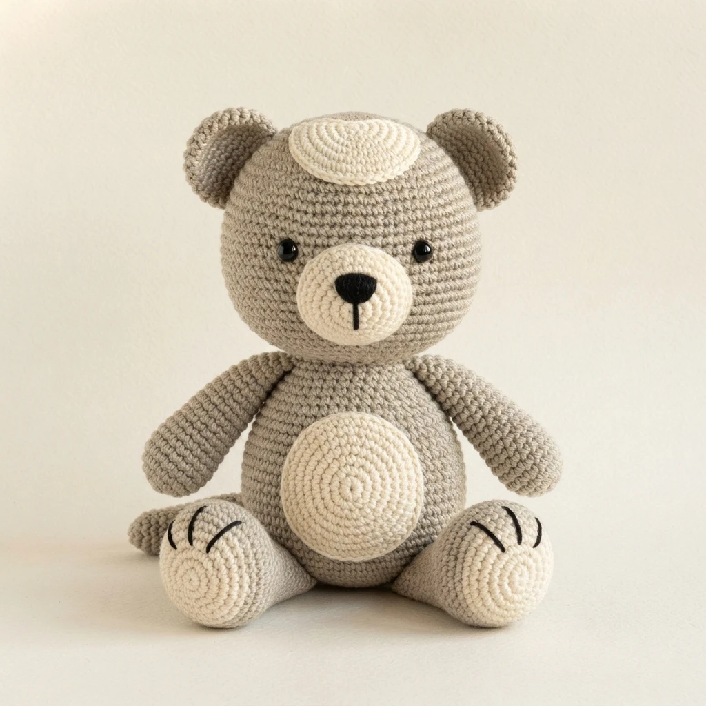 A finished crocheted teddy bear in grey and cream sitting upright, with a cream muzzle, round belly patch, stitched toe lines and black safety eyes.