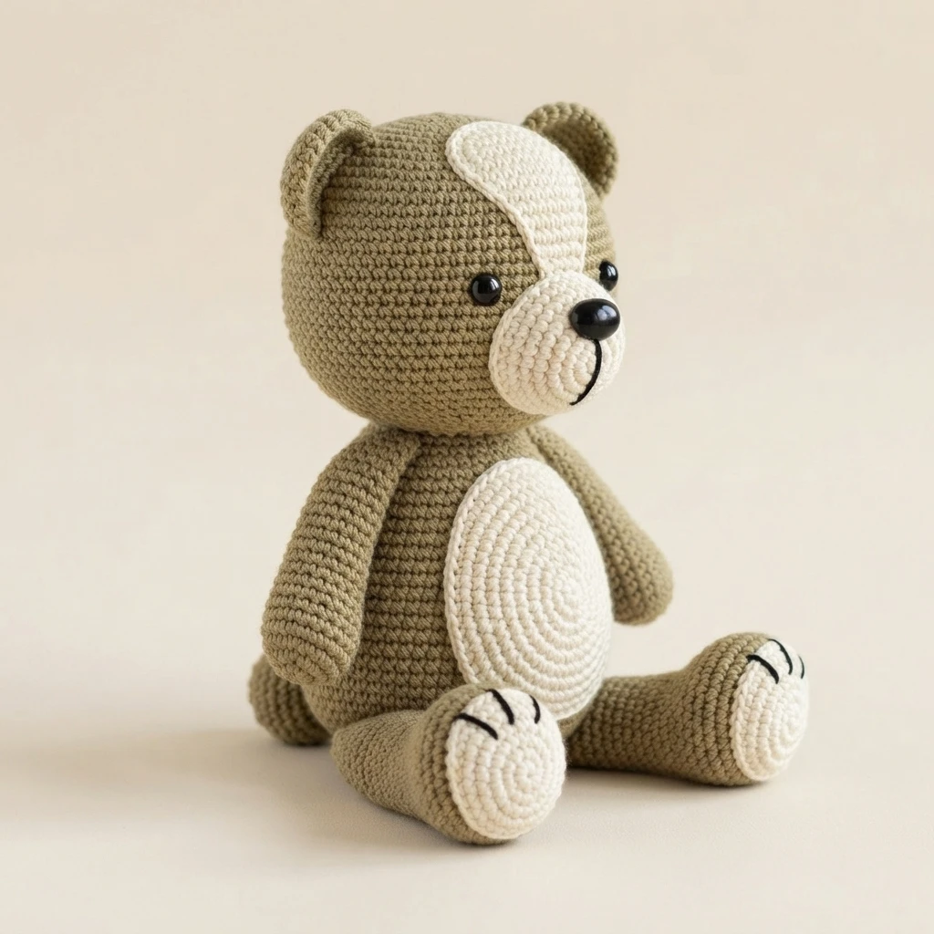 Crocheted teddy bear in khaki yarn with cream belly, muzzle, paw pads and forehead patch, black safety eyes and nose, sitting against a beige background.