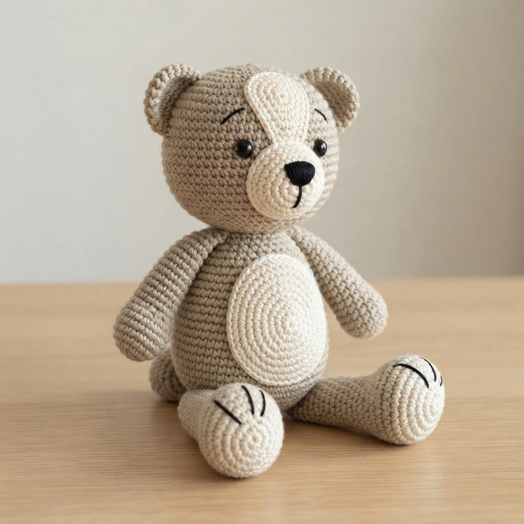 Finished crocheted teddy bear in beige yarn with cream muzzle, belly and forehead patches, black safety eyes and embroidered nose, seated on a wooden table